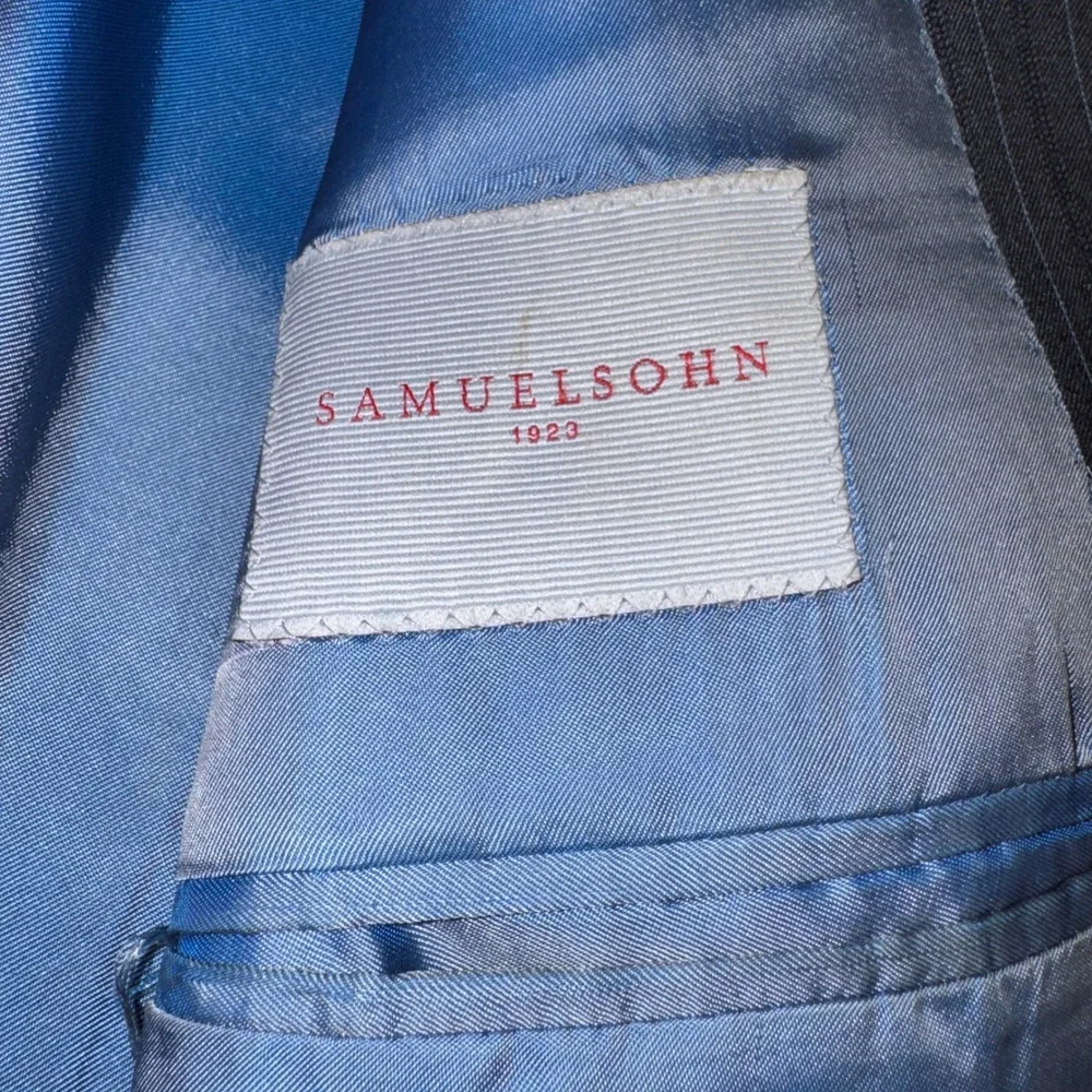 Samuelsohn Loro Piana 46R Super 130s Wool Blazer Grey Blue Stripe Sport Coat
